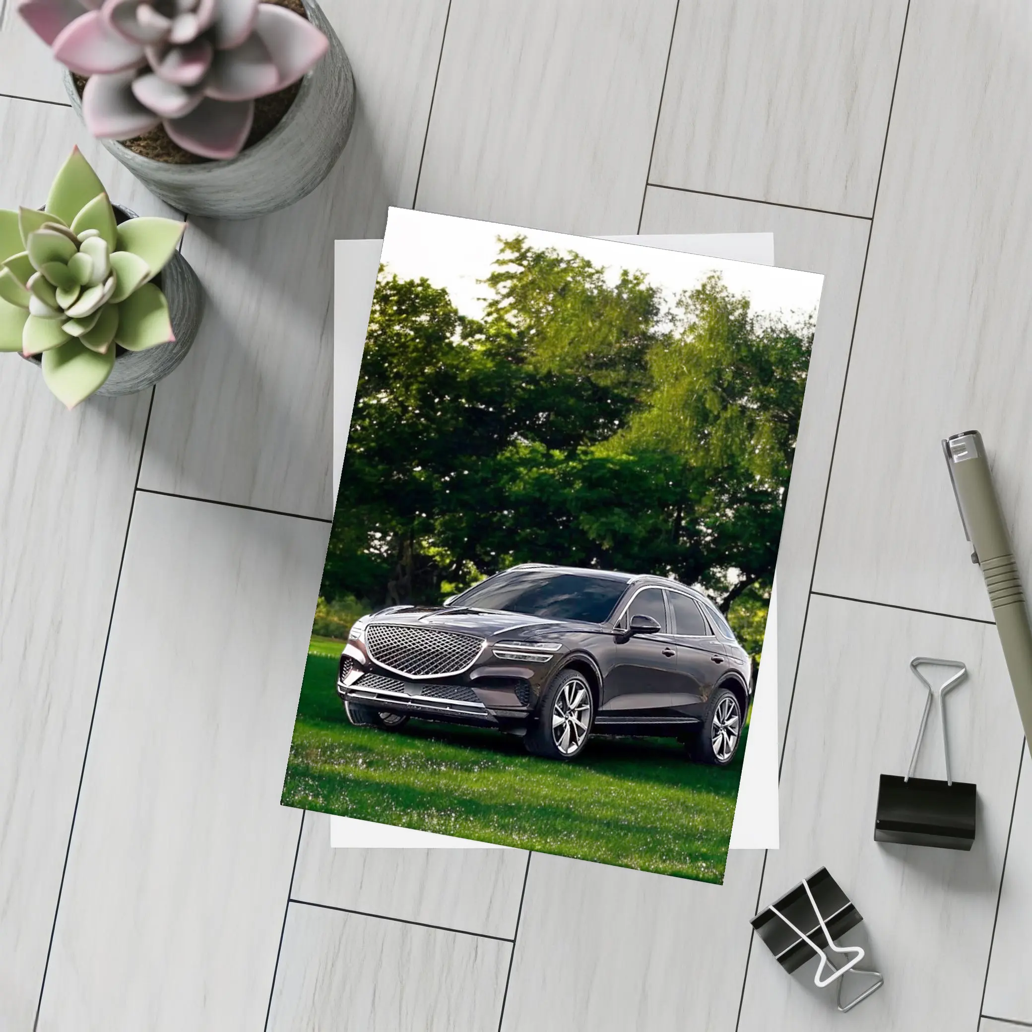 Genesis GV70 Parked Green Garden Trees – Postcards