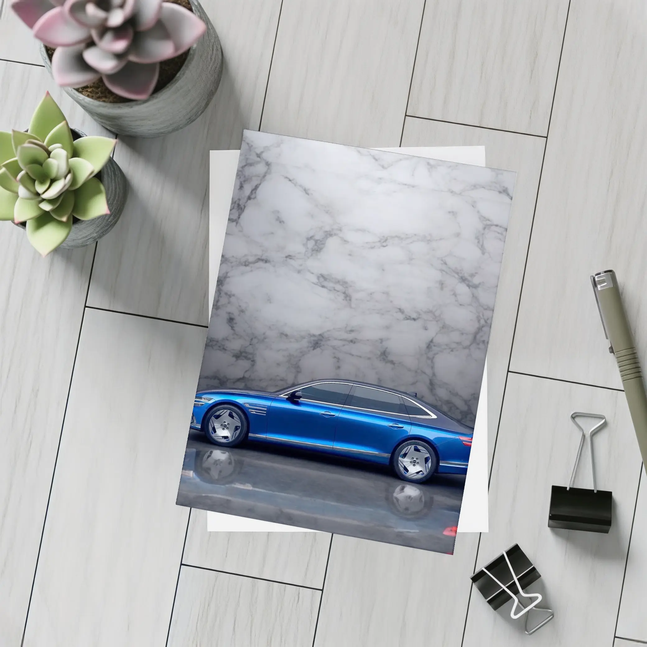 Genesis G90 Blue Sedan Marble Background – Postcards