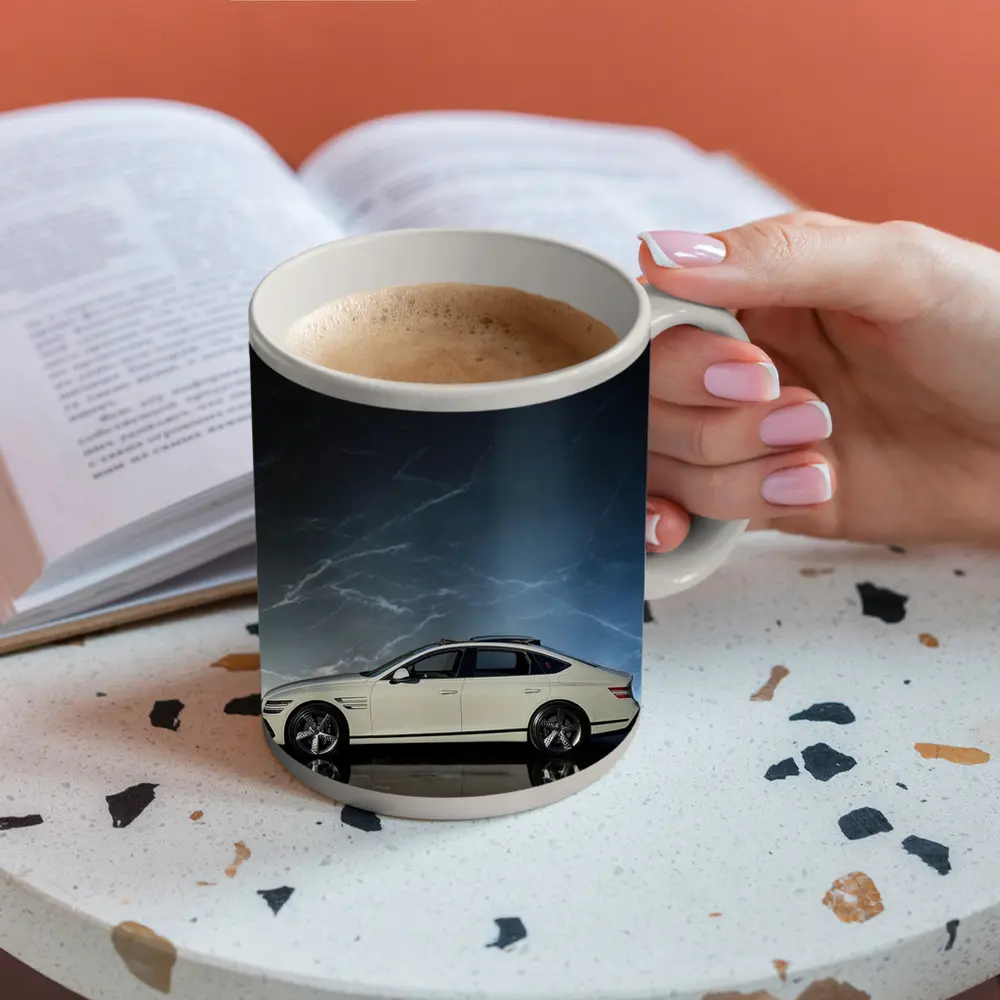Genesis G80 White Sedan Dark Marble Background – Mugs