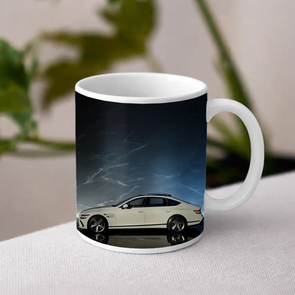 Genesis G80 White Sedan Dark Marble Background – Mugs