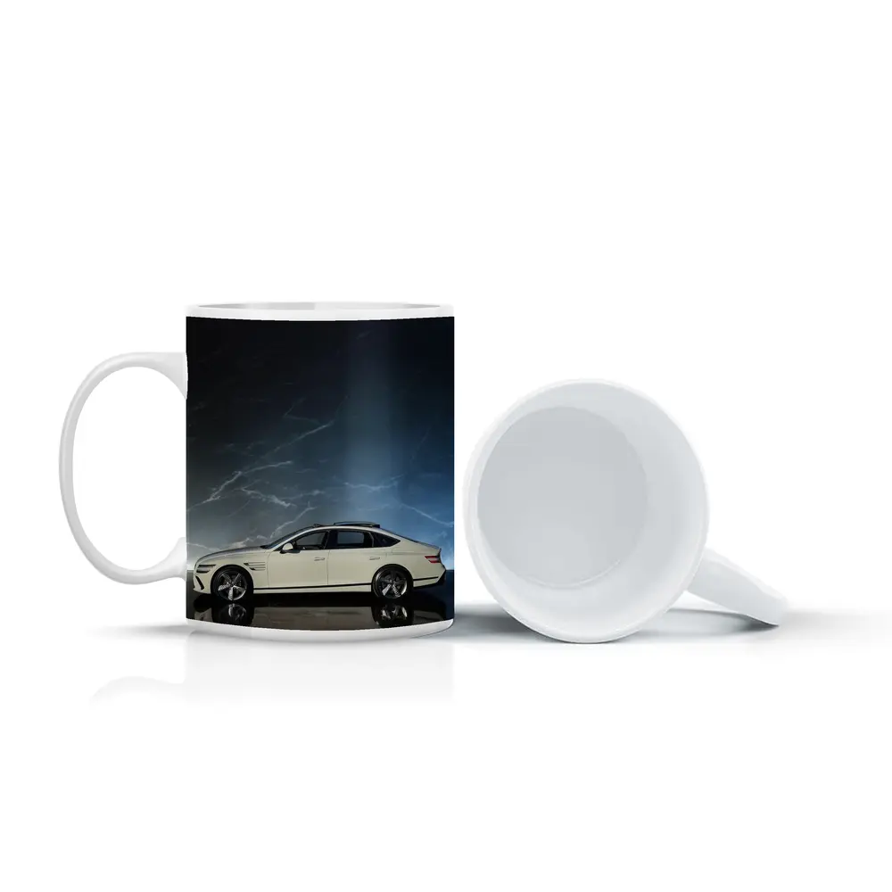 Genesis G80 White Sedan Dark Marble Background – Mugs