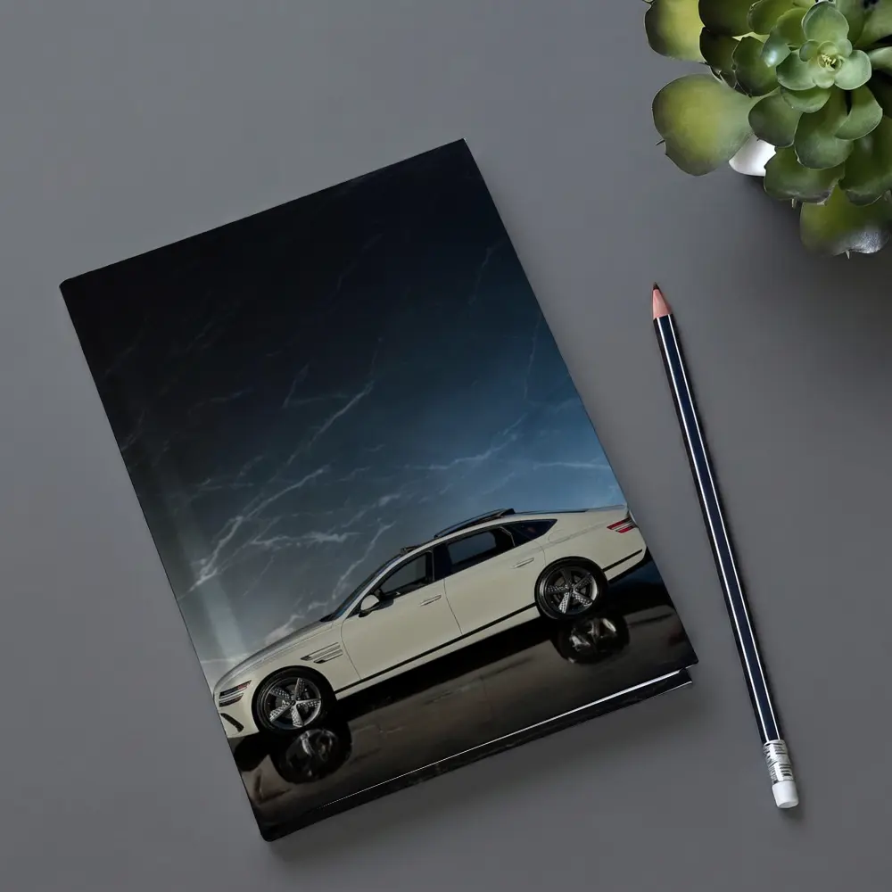 Genesis G80 White Sedan Dark Marble Background – Notebooks