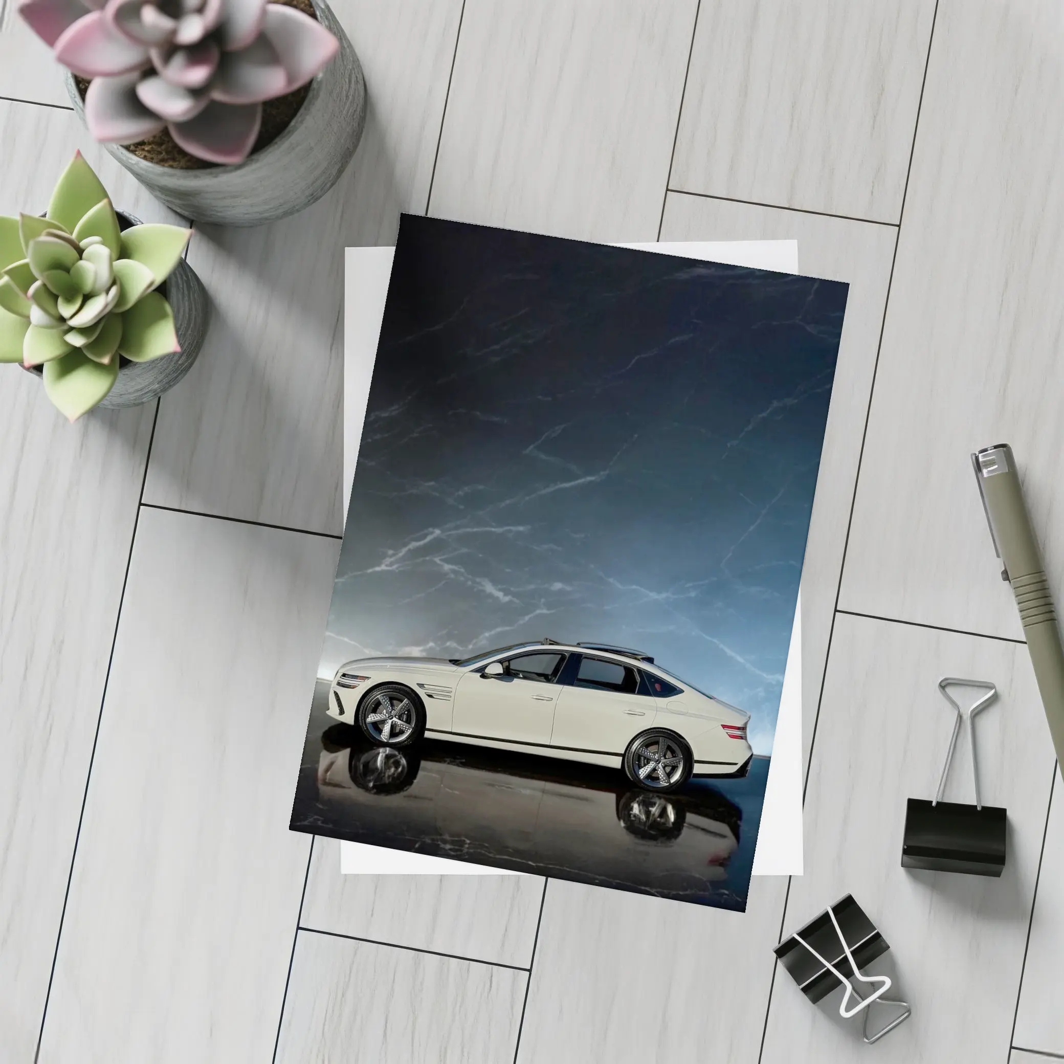 Genesis G80 White Sedan Dark Marble Background – Postcards
