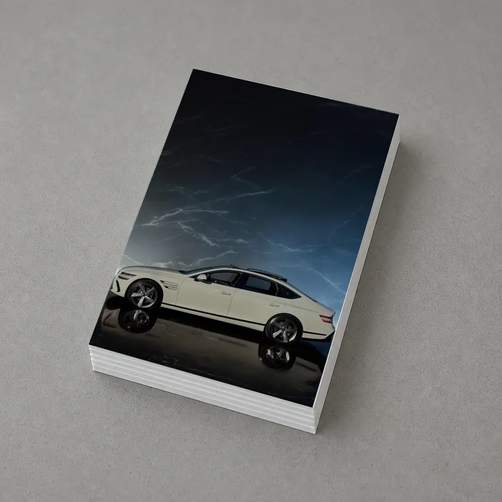 Genesis G80 White Sedan Dark Marble Background – Postcards