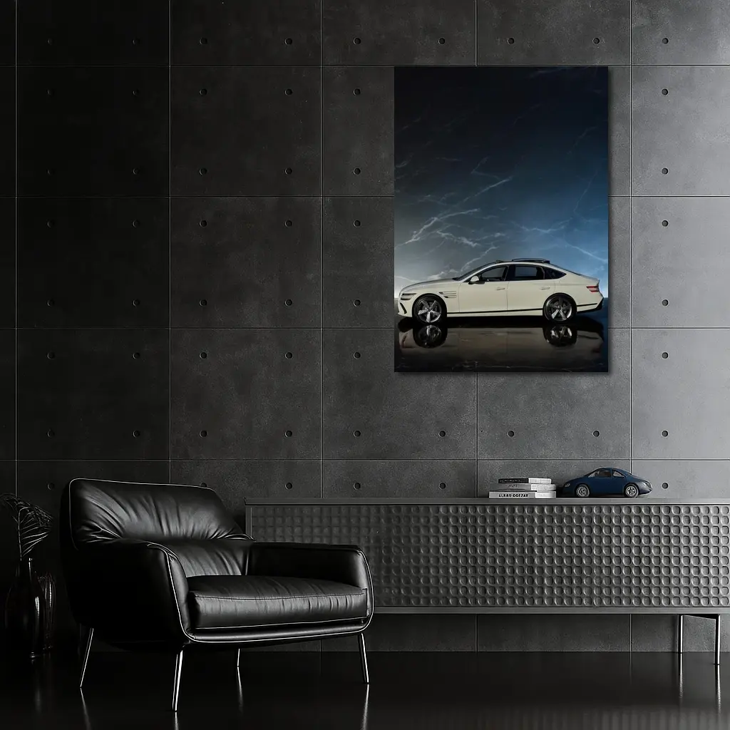Genesis G80 White Sedan Dark Marble Background – Wall Art