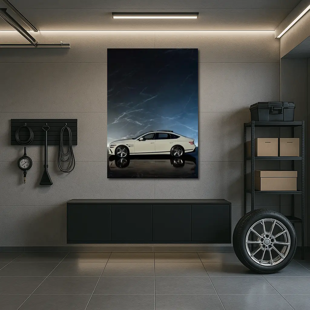 Genesis G80 White Sedan Dark Marble Background – Wall Art