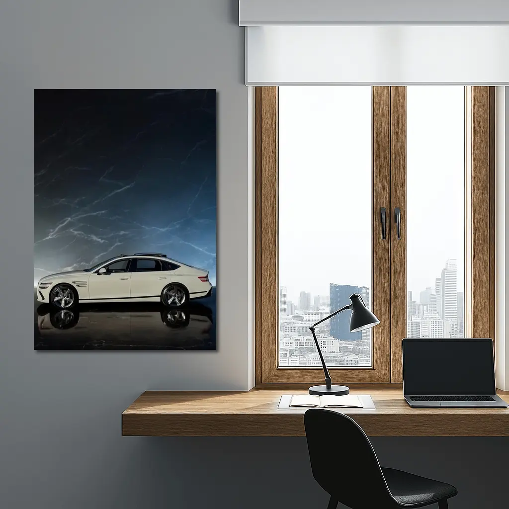 Genesis G80 White Sedan Dark Marble Background – Wall Art