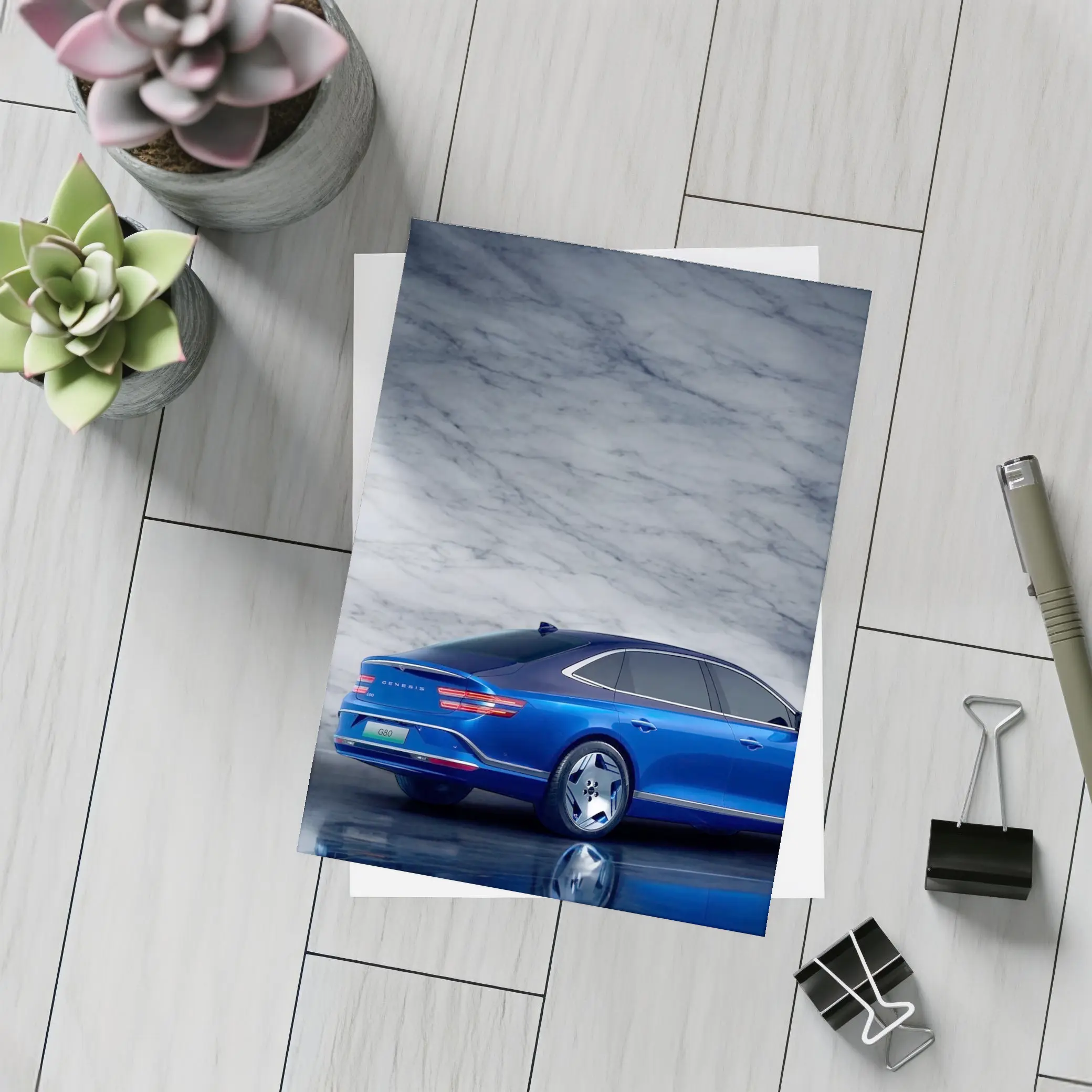 Genesis G80 Blue Sedan Marble Background – Postcards