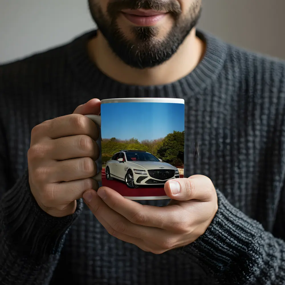 Genesis G80 White Sedan On Red Track – Mugs