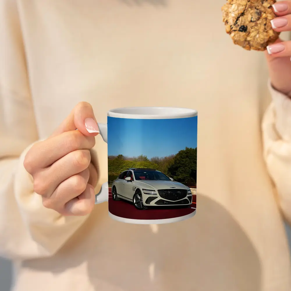 Genesis G80 White Sedan On Red Track – Mugs