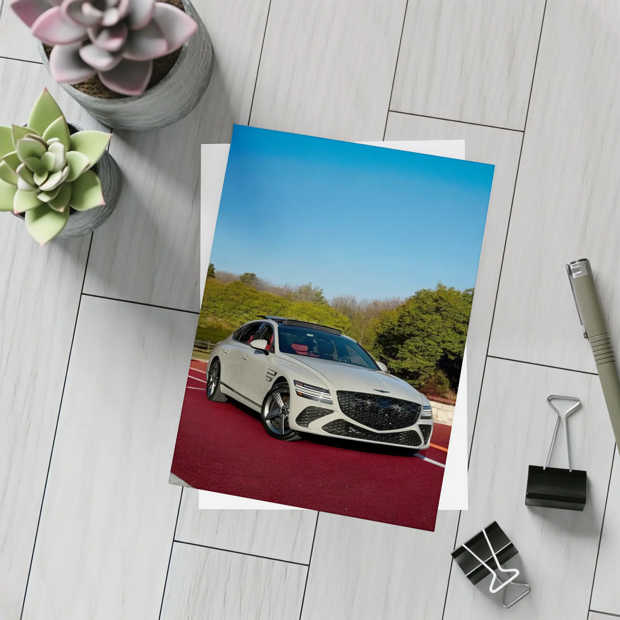 Genesis G80 White Sedan On Red Track – Postcards