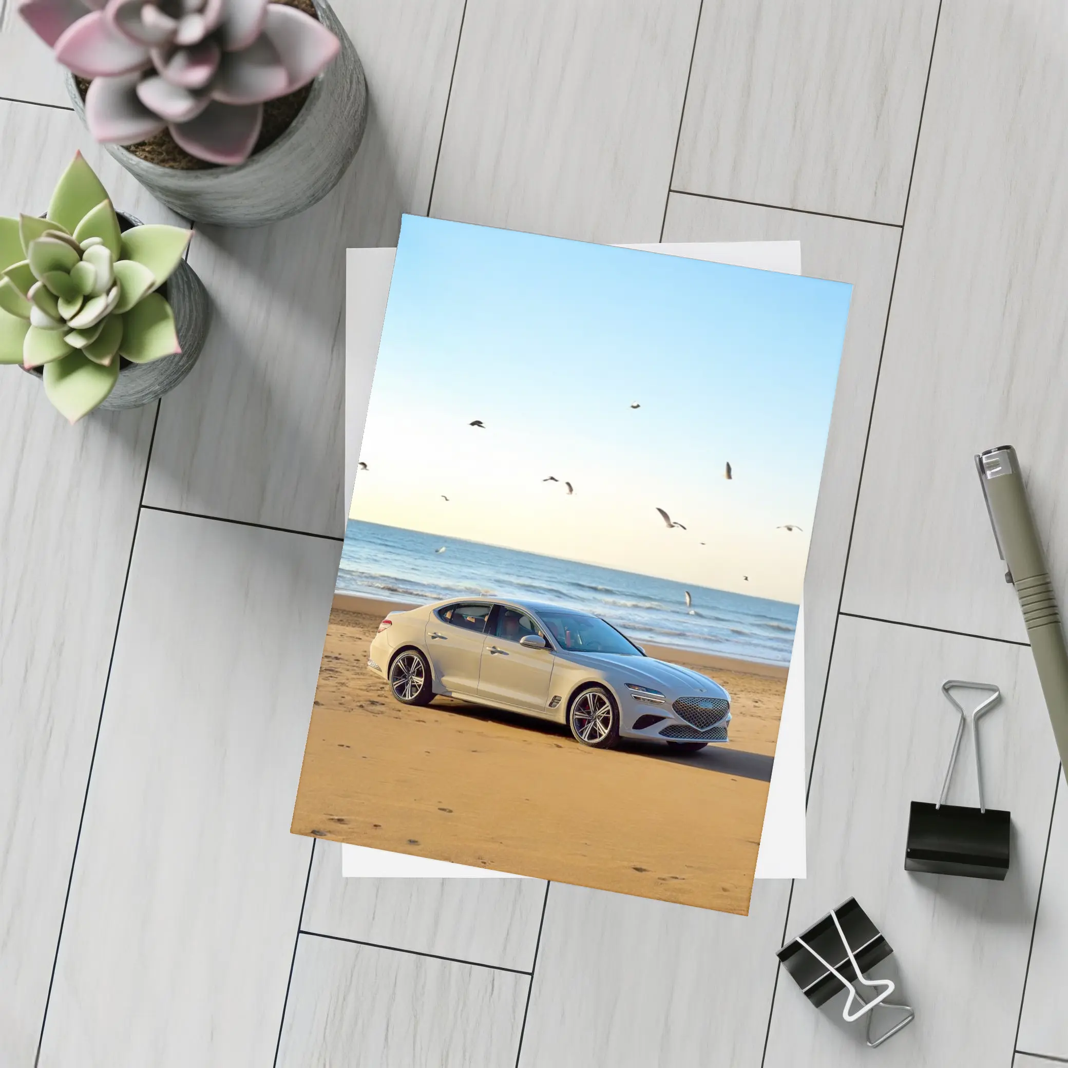 Genesis G70 Silver Sedan Beach Setting – Postcards