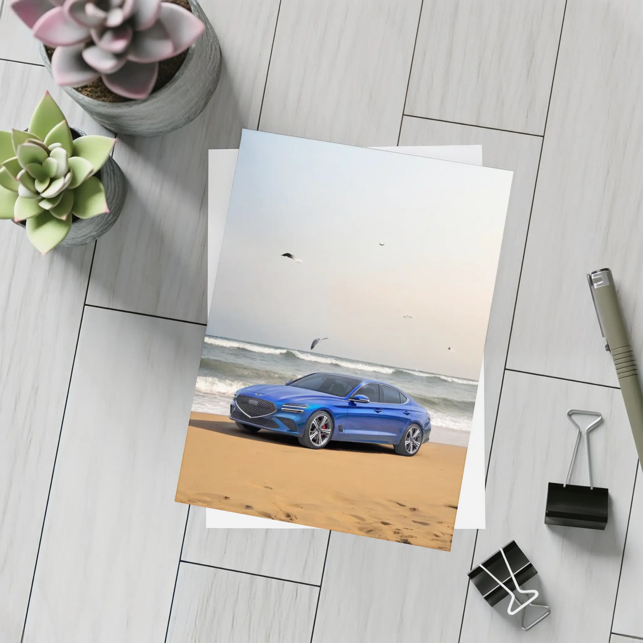 Genesis G70 Blue Sedan Beach Setting – Postcards