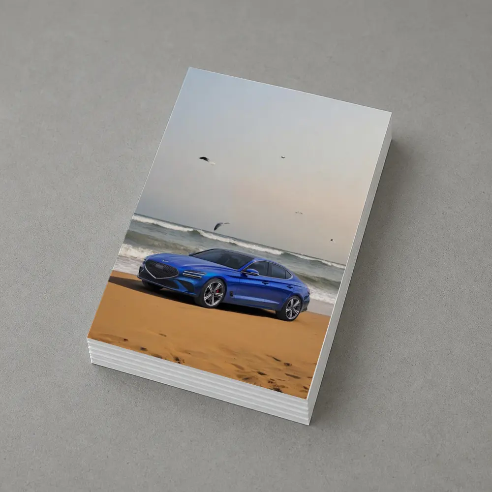 Genesis G70 Blue Sedan Beach Setting – Postcards