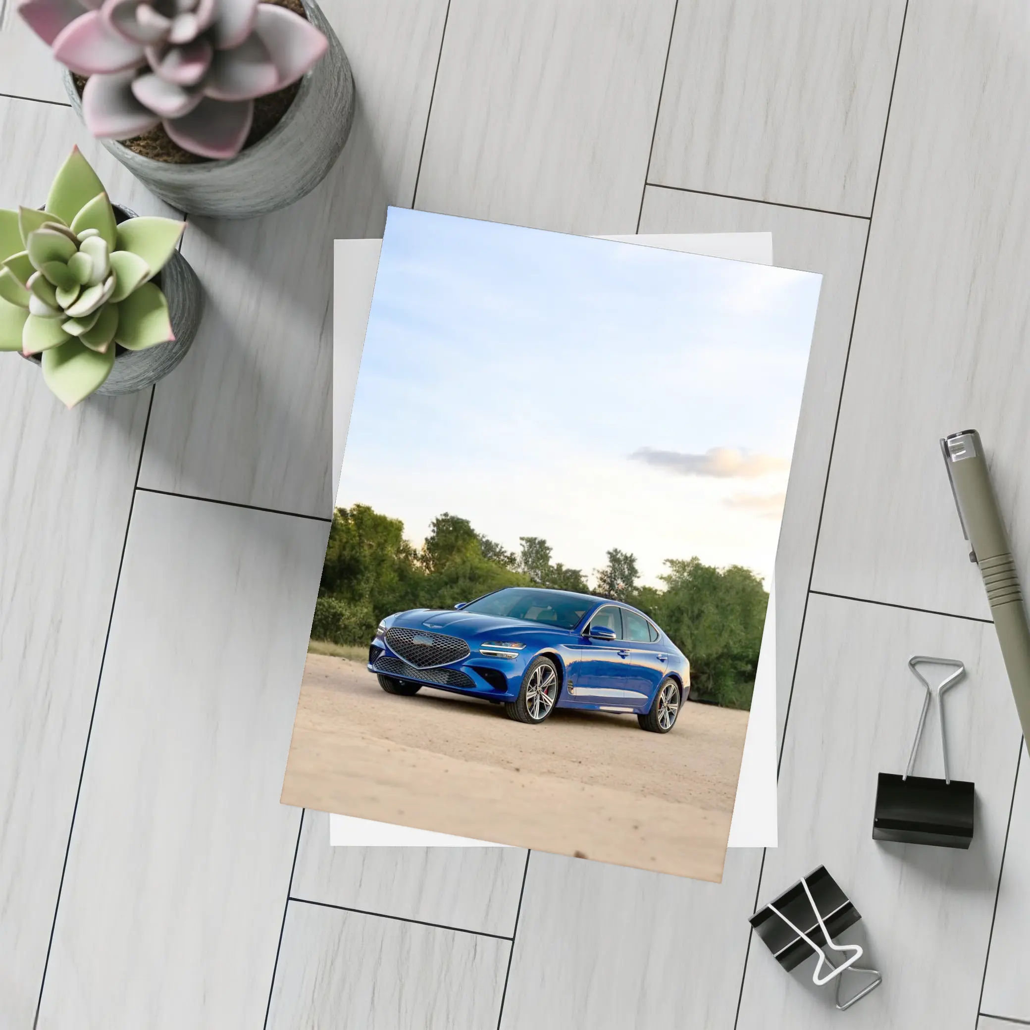 Genesis G70 Blue Sedan Parked Outdoors – Postcards