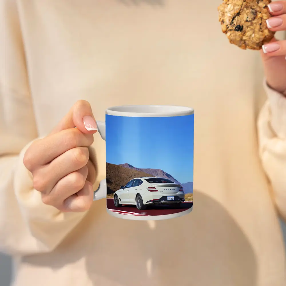 Genesis G70 White Sedan Desert Track – Mugs