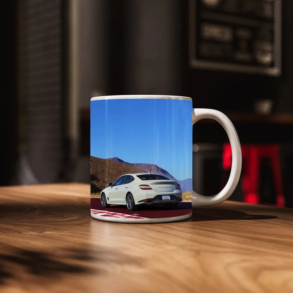 Genesis G70 White Sedan Desert Track – Mugs