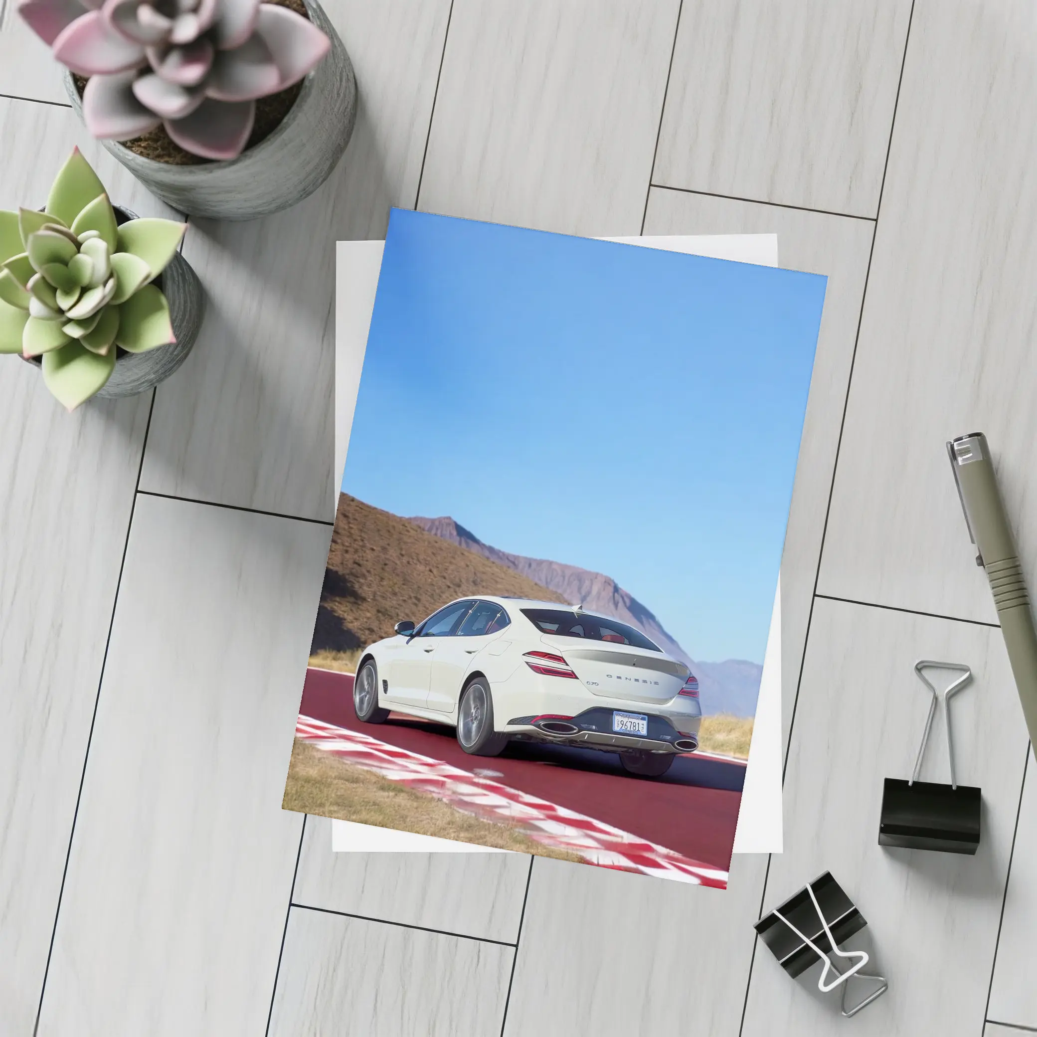 Genesis G70 White Sedan Desert Track – Postcards