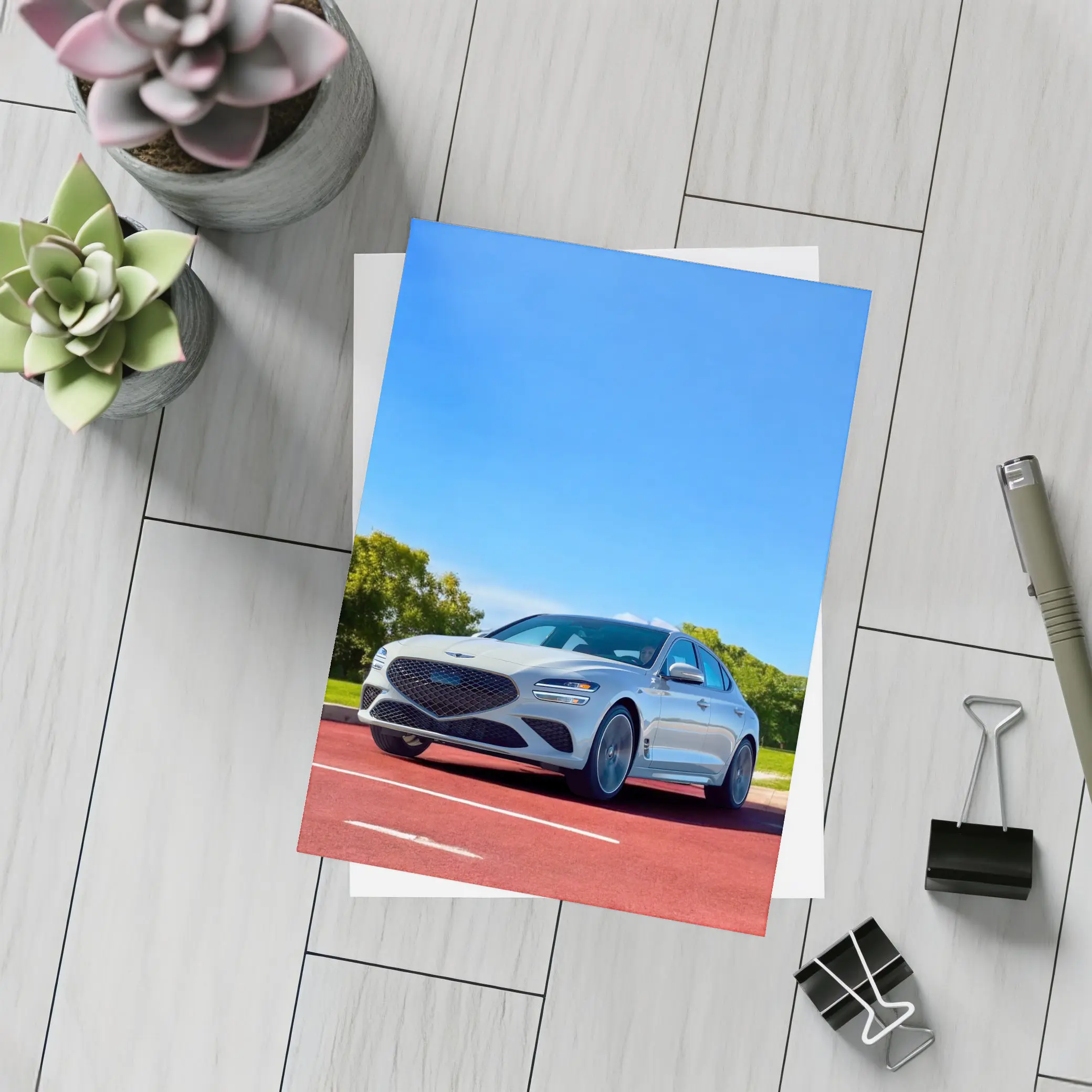 Genesis G70 White Sedan Blue Sky – Postcards