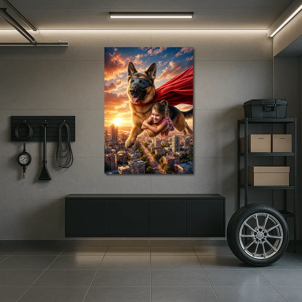 German Shepherd Superhero Flying Over City – Wall Art