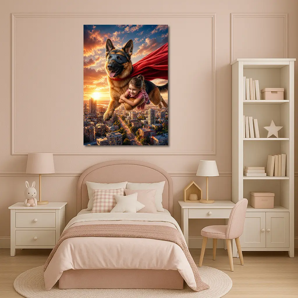 German Shepherd Superhero Flying Over City – Wall Art
