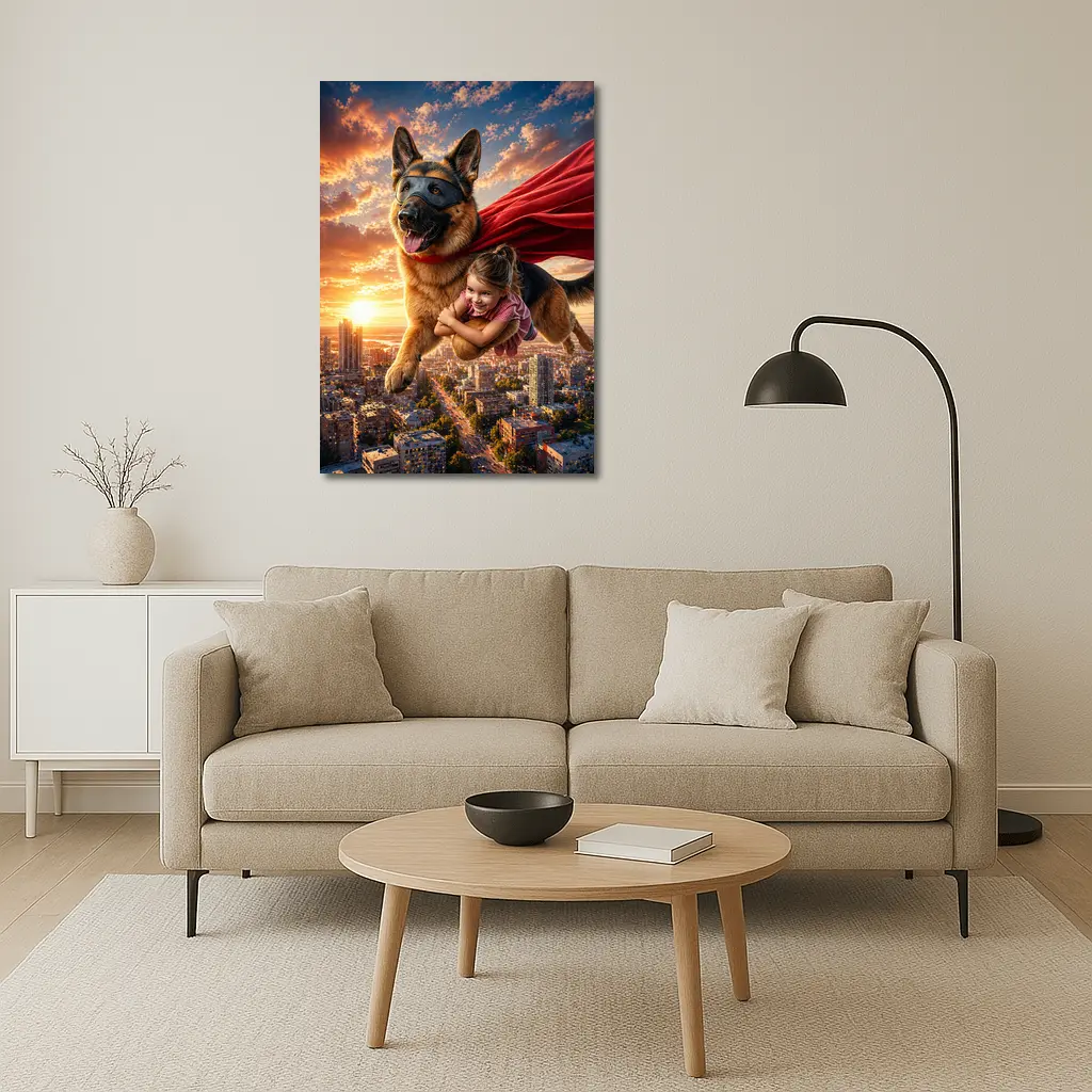 German Shepherd Superhero Flying Over City – Wall Art