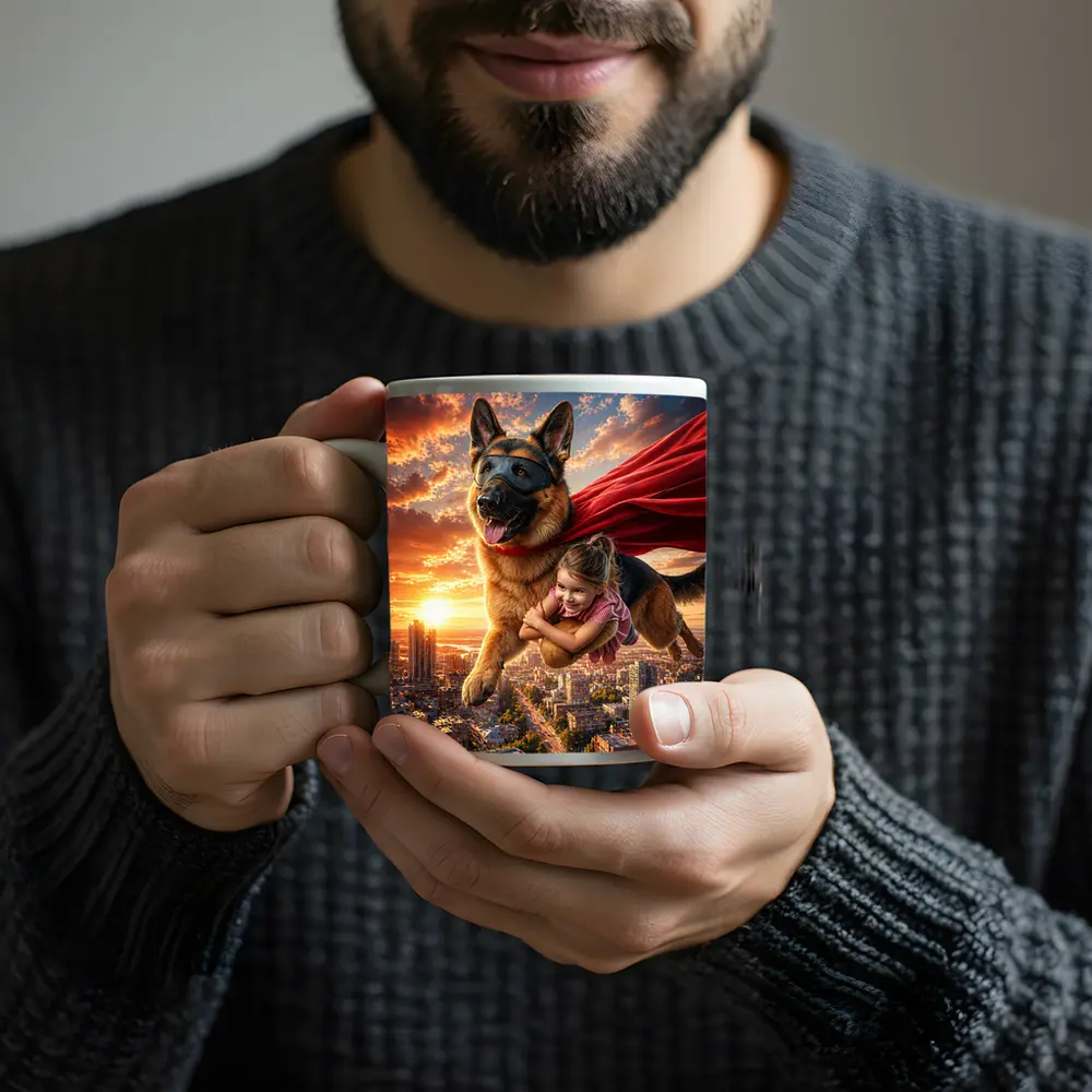 German Shepherd Superhero Flying Over City – Mugs