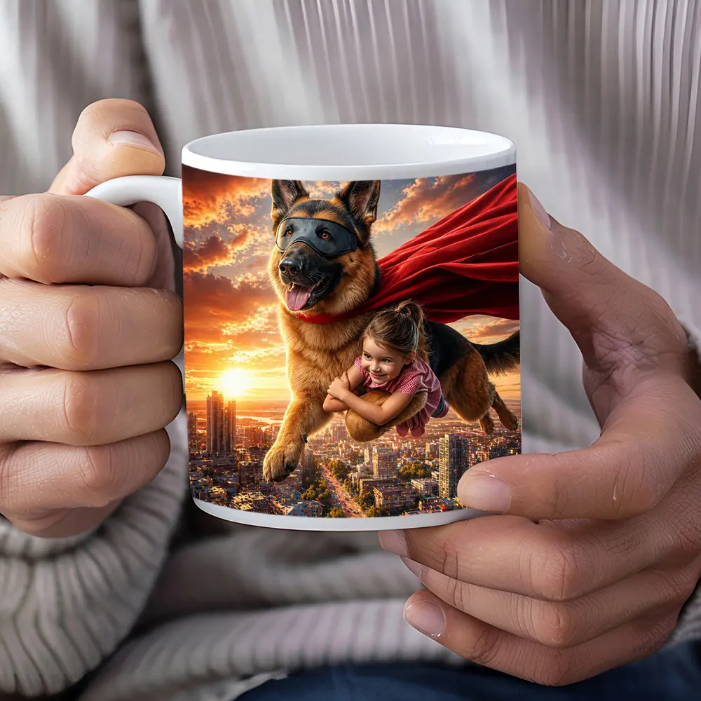 German Shepherd Superhero Flying Over City – Mugs