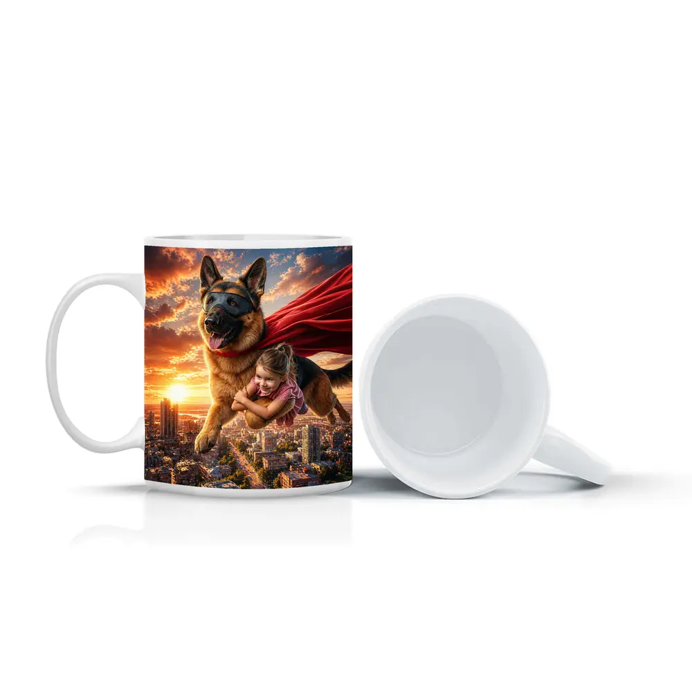 German Shepherd Superhero Flying Over City – Mugs