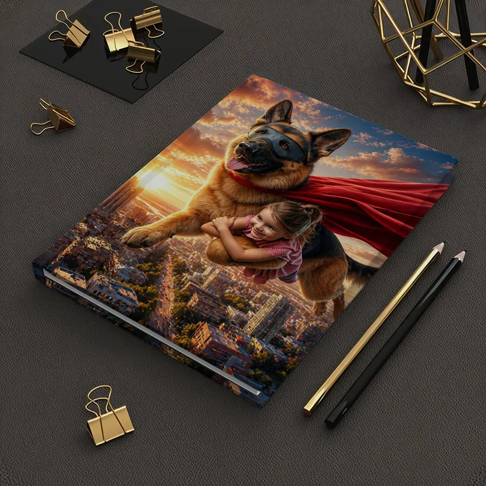 German Shepherd Superhero Flying Over City – Notebooks