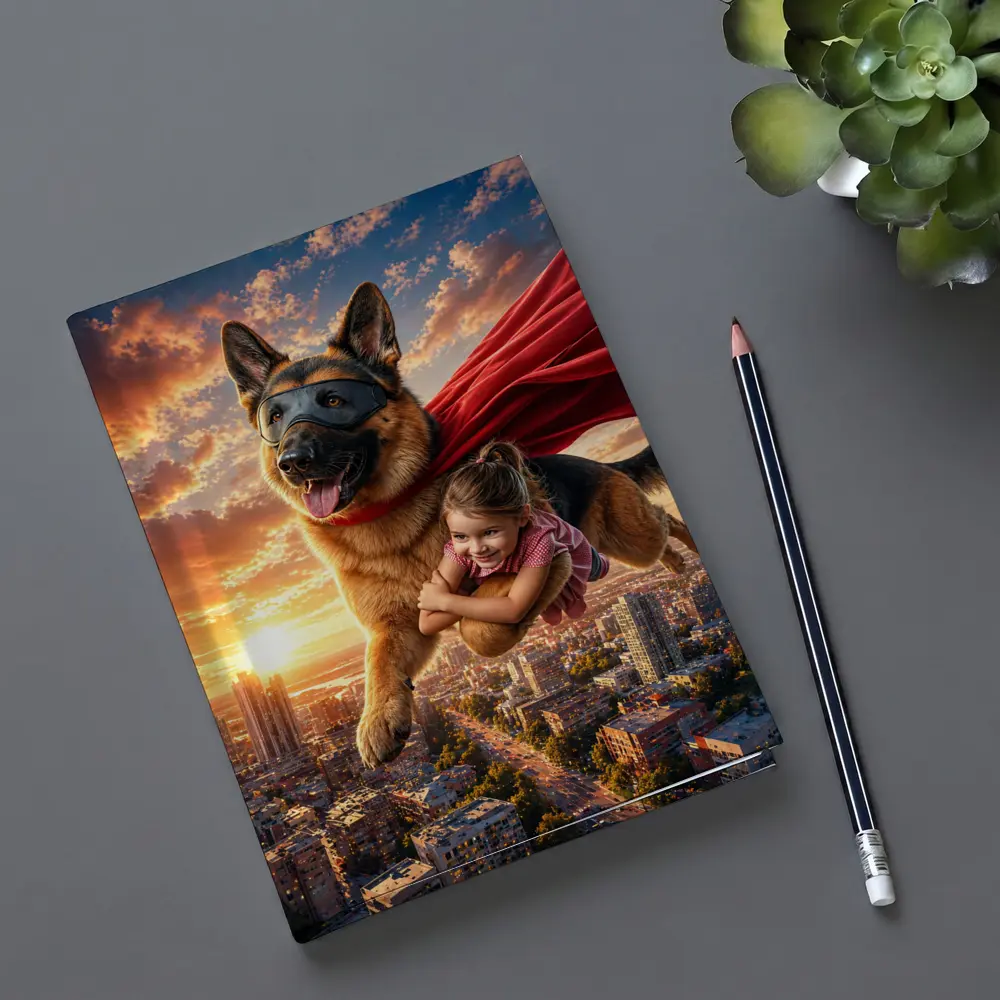 German Shepherd Superhero Flying Over City – Notebooks