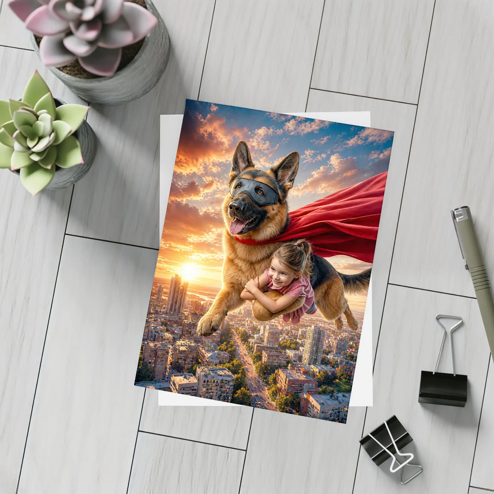 German Shepherd Superhero Flying Over City – Postcards
