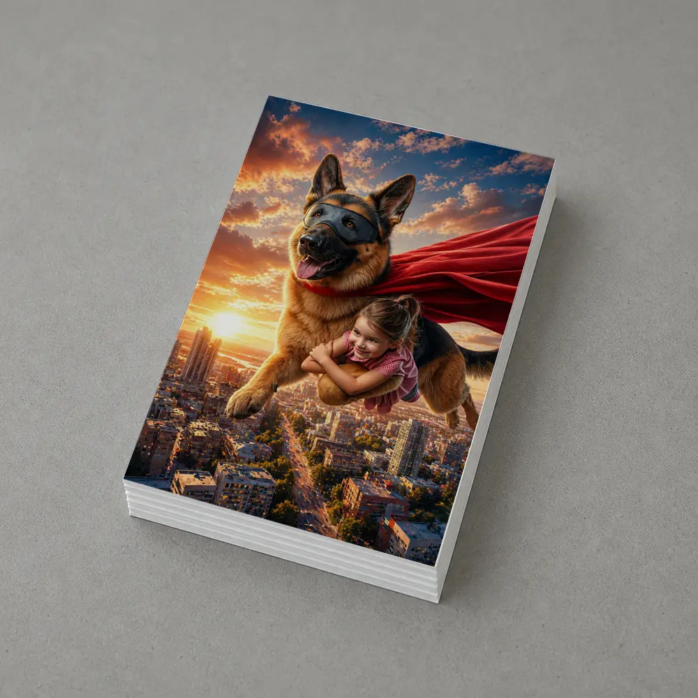 German Shepherd Superhero Flying Over City – Postcards