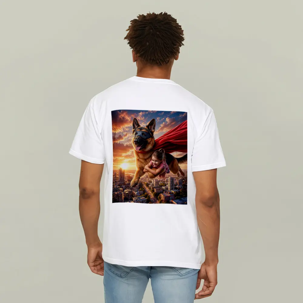 German Shepherd Superhero Flying Over City – T-Shirts