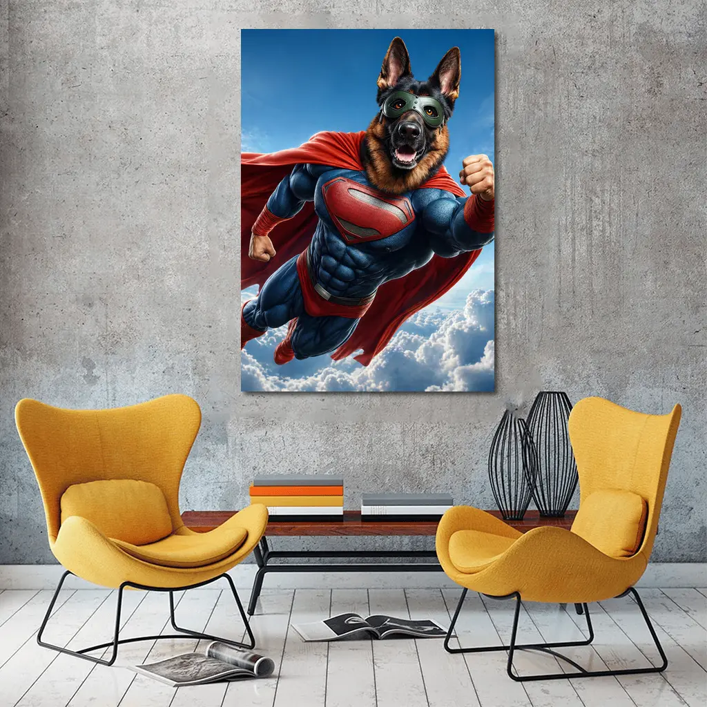 German Shepherd Superhero Flying Above Clouds – Wall Art