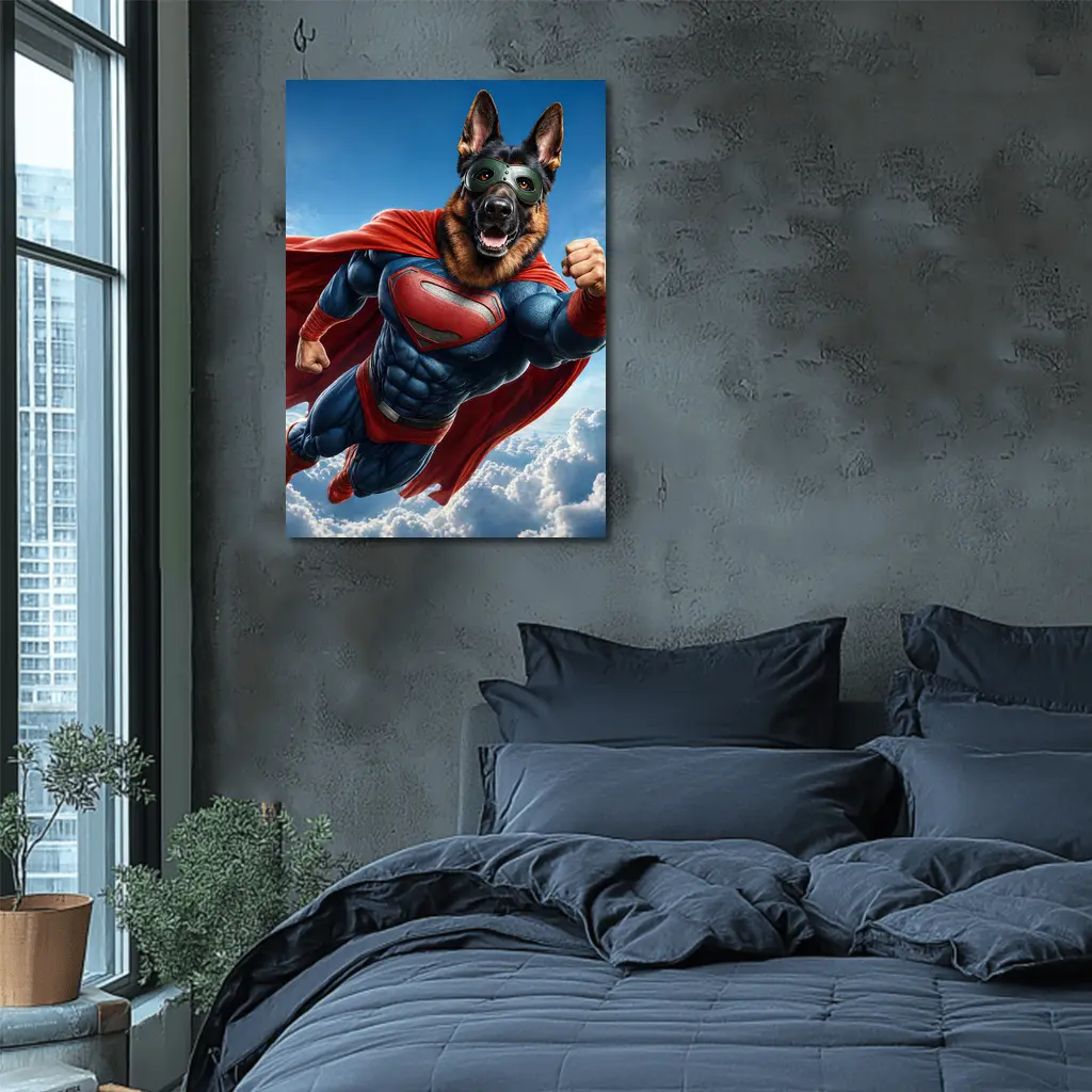 German Shepherd Superhero Flying Above Clouds – Wall Art