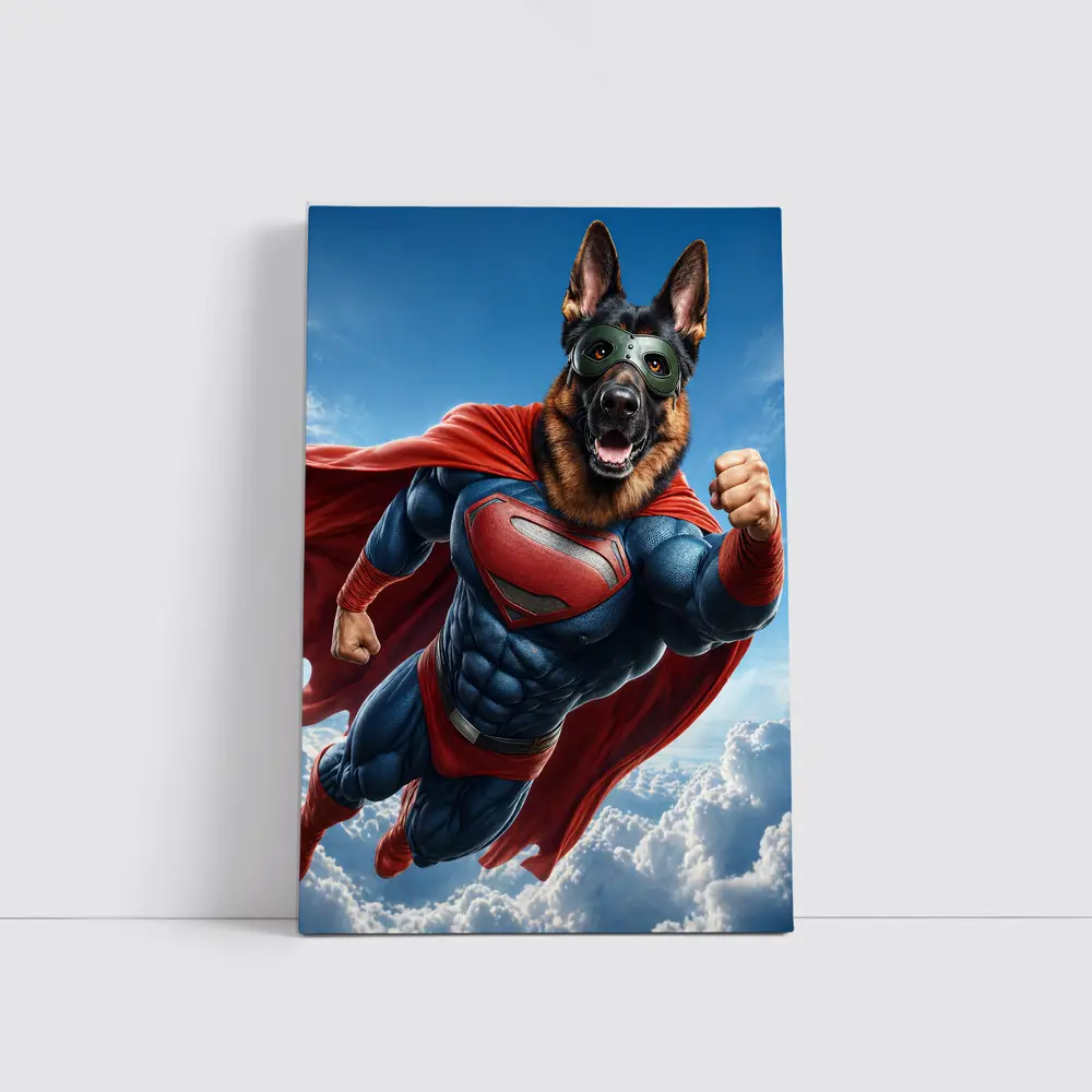German Shepherd Superhero Flying Above Clouds – Wall Art