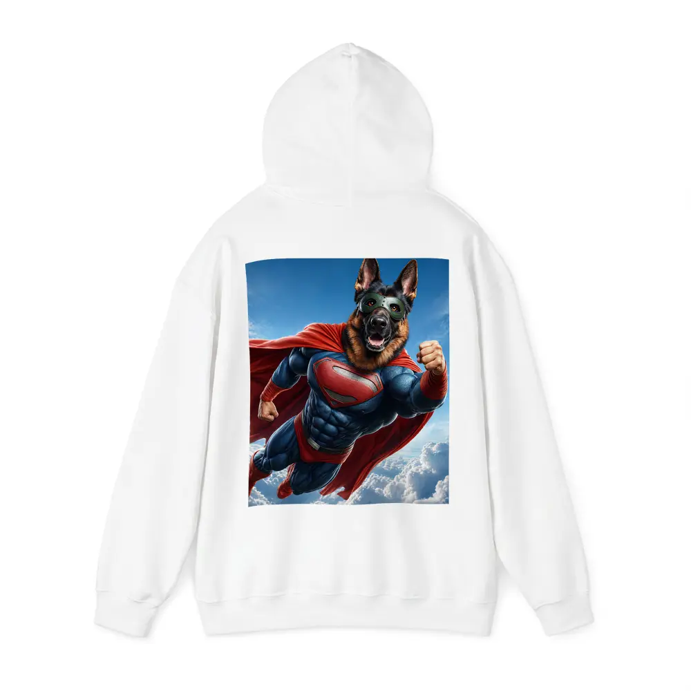 German Shepherd Superhero Flying Above Clouds – Hoodies