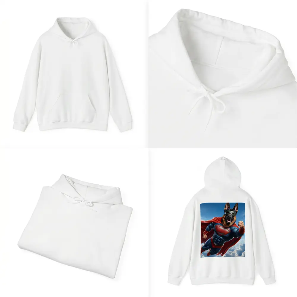 German Shepherd Superhero Flying Above Clouds – Hoodies