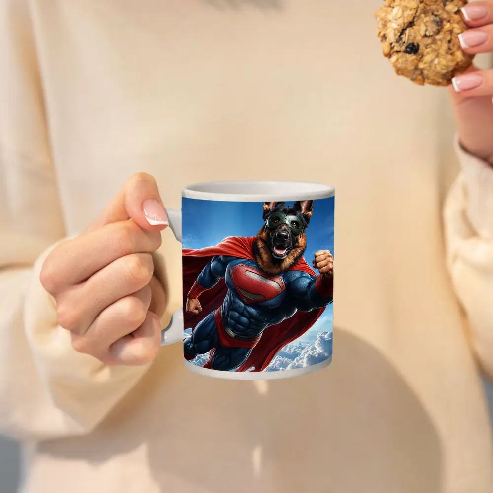 German Shepherd Superhero Flying Above Clouds – Mugs