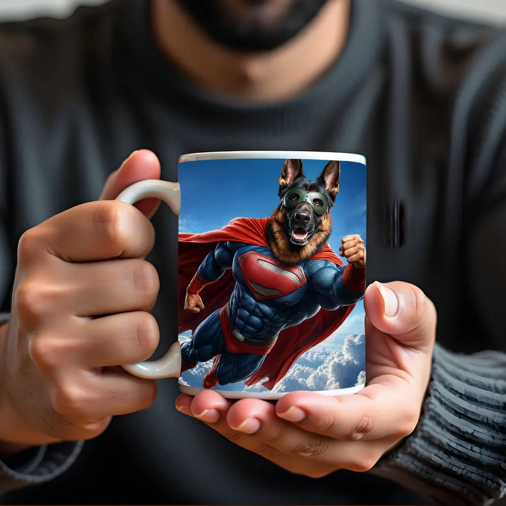 German Shepherd Superhero Flying Above Clouds – Mugs
