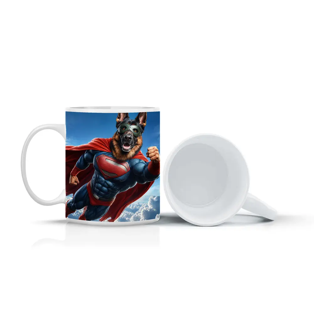 German Shepherd Superhero Flying Above Clouds – Mugs