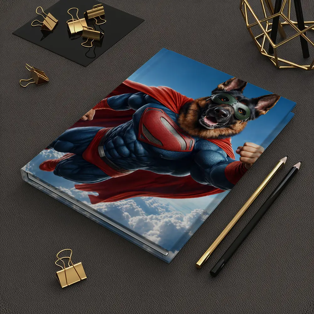 German Shepherd Superhero Flying Above Clouds – Notebooks