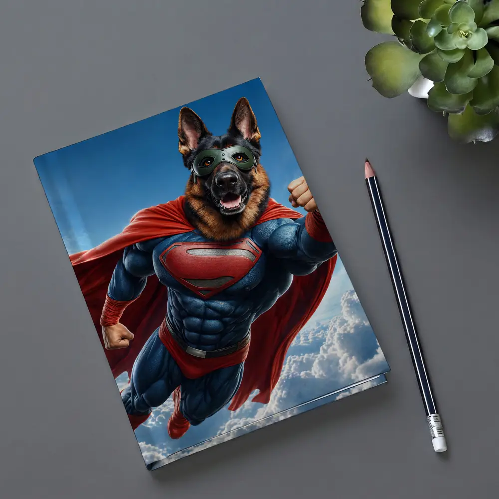 German Shepherd Superhero Flying Above Clouds – Notebooks