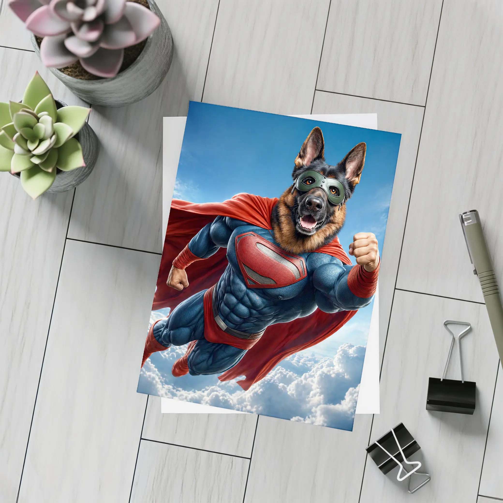German Shepherd Superhero Flying Above Clouds – Postcards