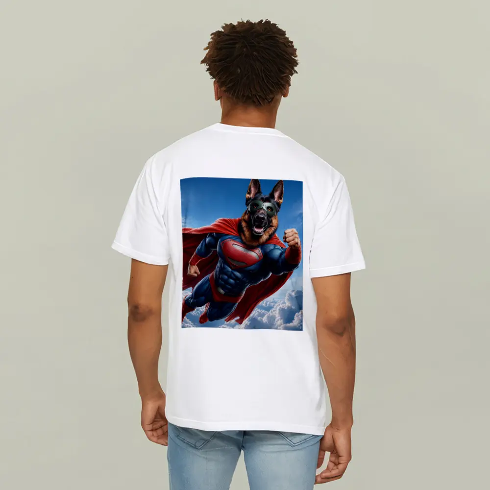 German Shepherd Superhero Flying Above Clouds – T-Shirts