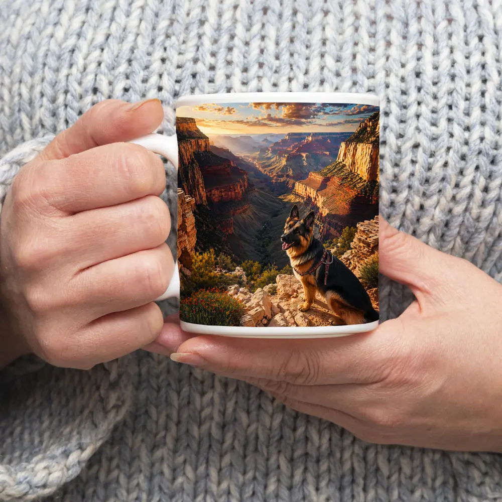 German Shepherd Sitting Grand Canyon Sunset – Mugs