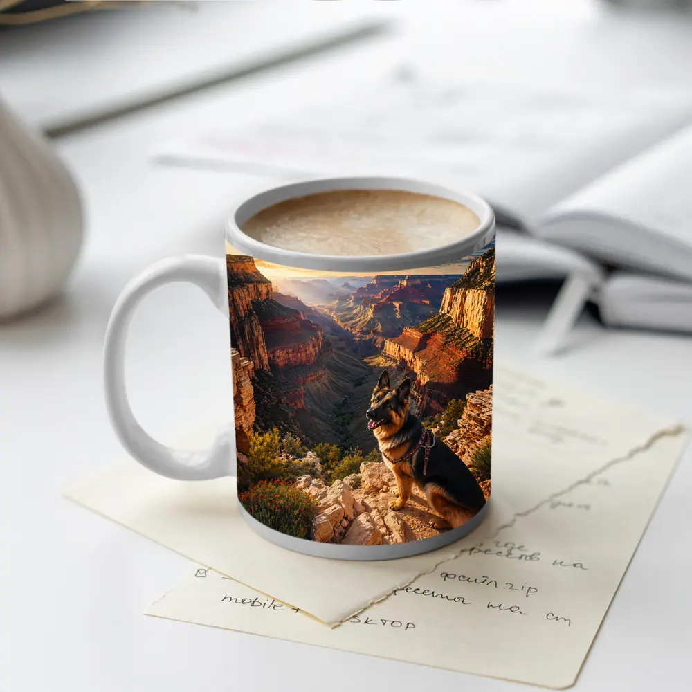 German Shepherd Sitting Grand Canyon Sunset – Mugs