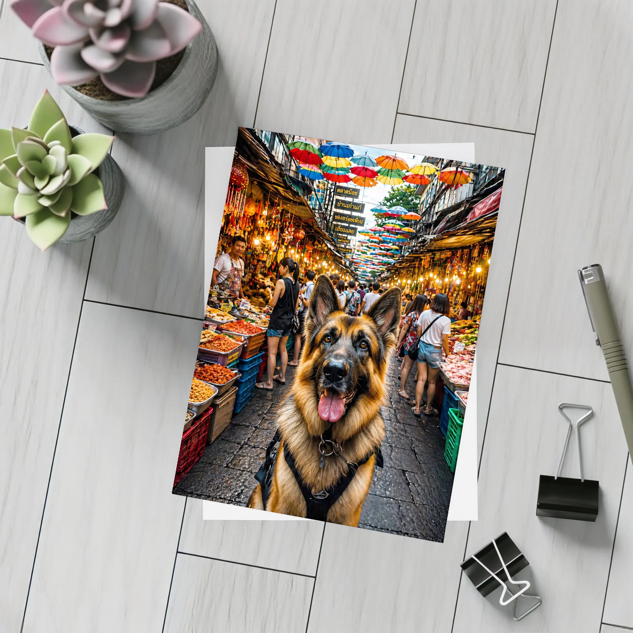 German Shepherd at Bangkok Street Market – Postcards