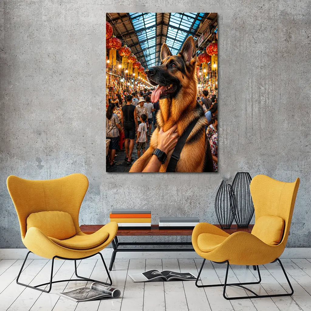 German Shepherd at Colorful Bangkok Market – Wall Art